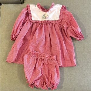 Red Gingham Baby Dress with Manger Embroidery and matching bloomers